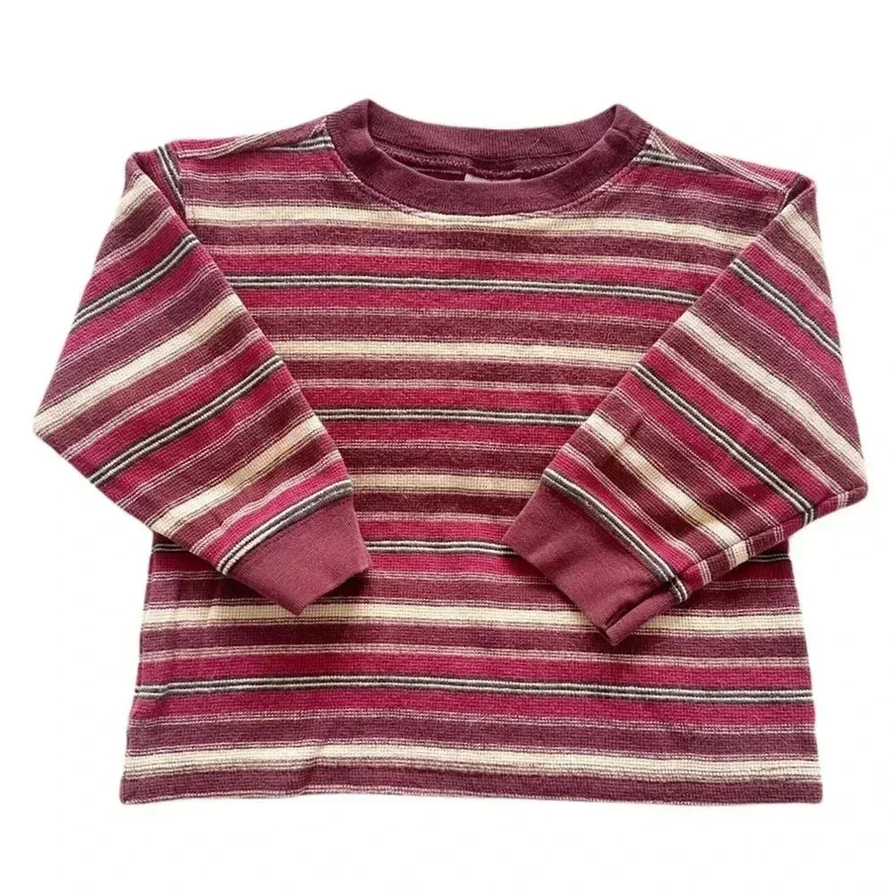 Vintage Kids Old Navy Burgundy + Cream Striped Long Sleeve Tee Size 2T